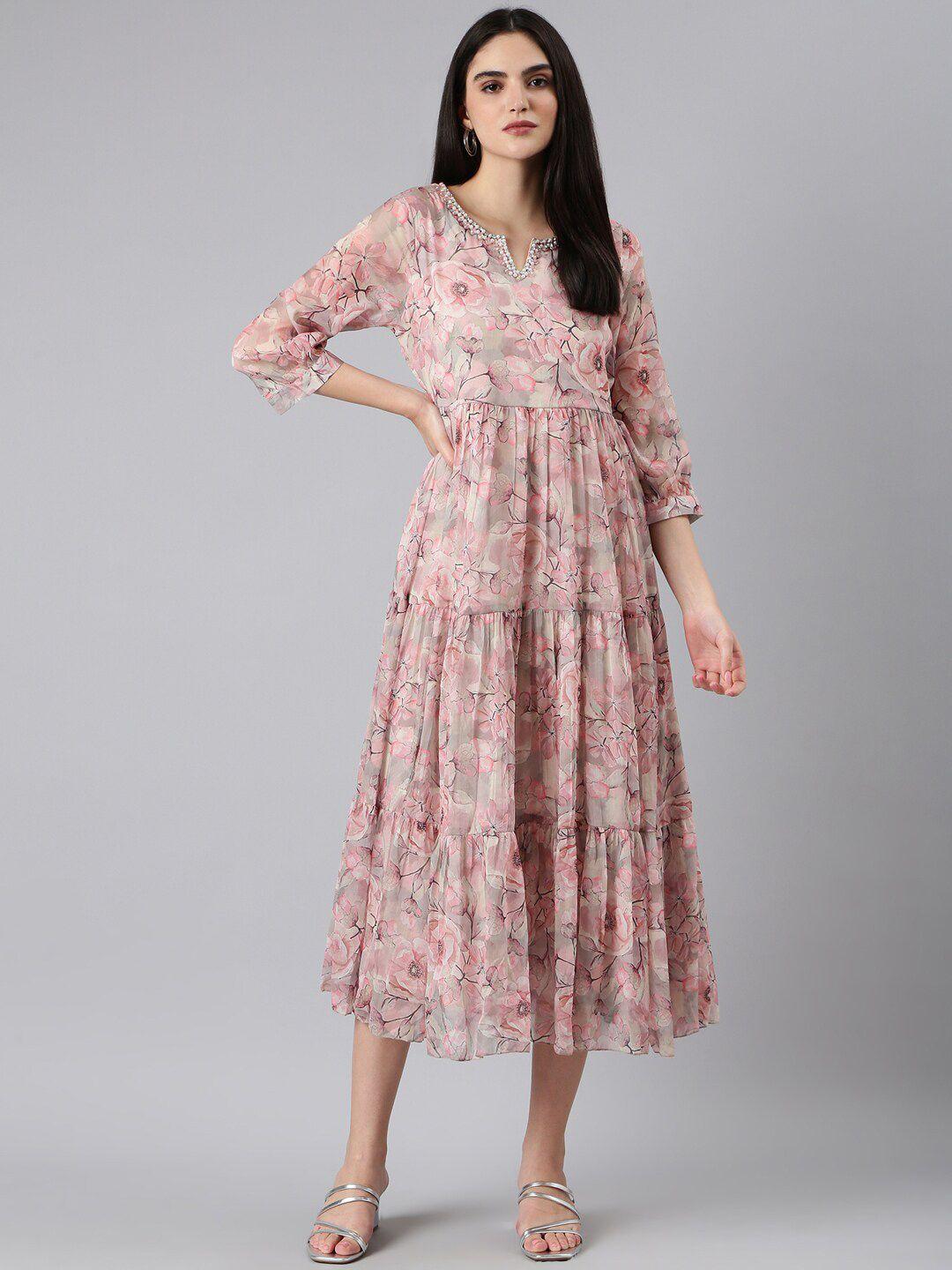 showoff floral printed tiered chiffon empire midi dress