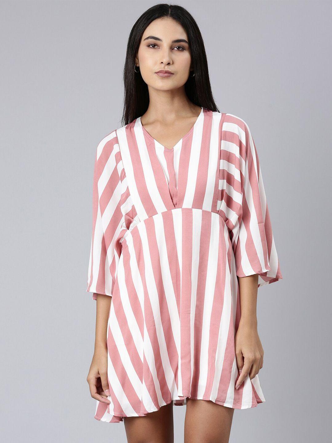 showoff striped v-neck flared sleeves a-line midi dress