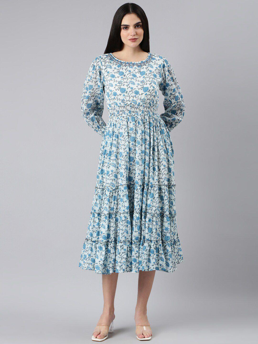 showoff floral print puff sleeve a-line dress