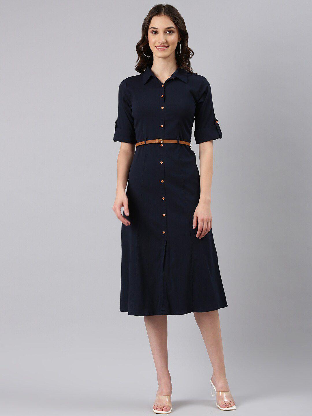 showoff roll up sleeves belted corduroy shirt style midi dress