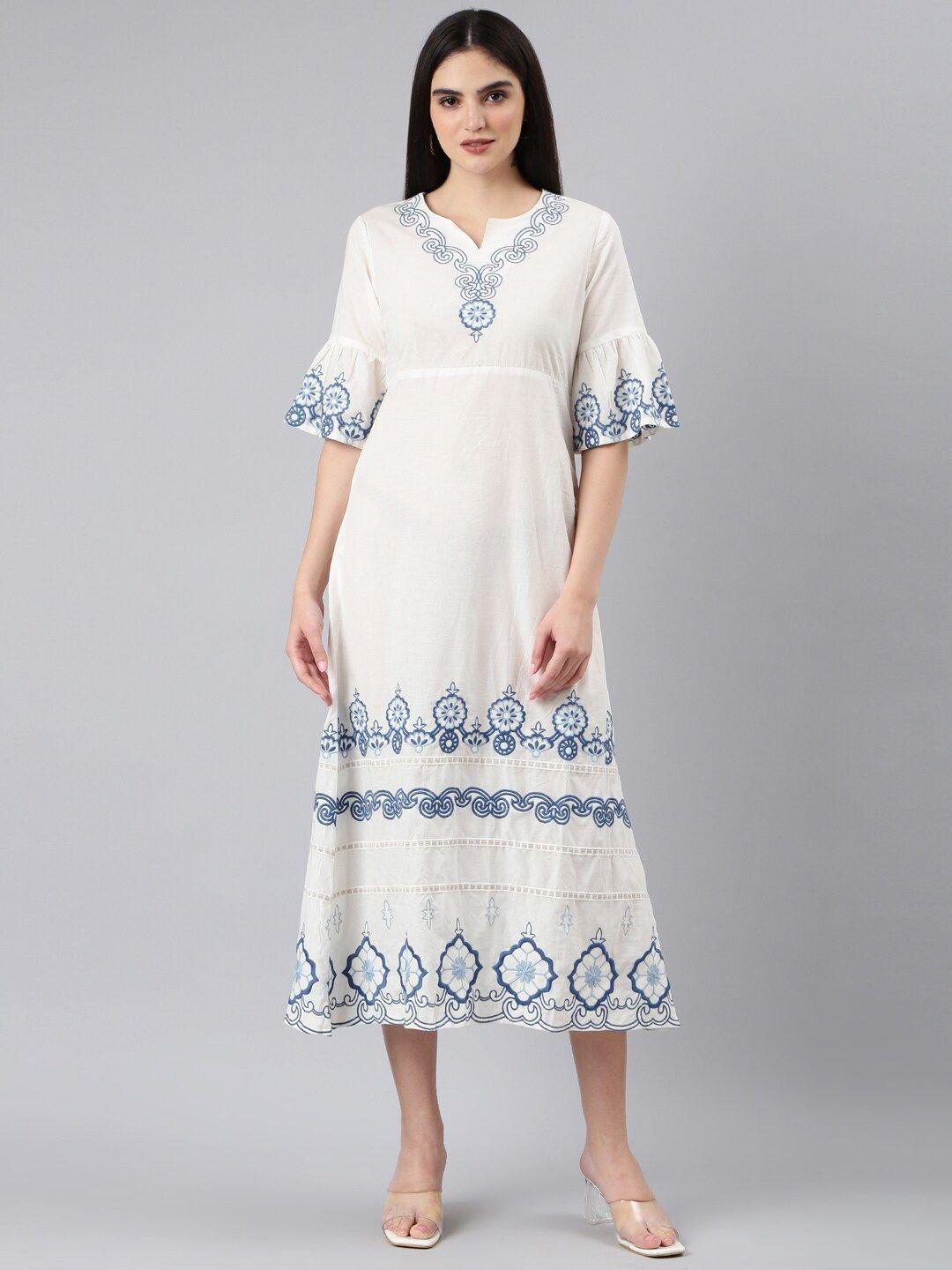 showoff floral embroidered bell sleeve a-line midi dress