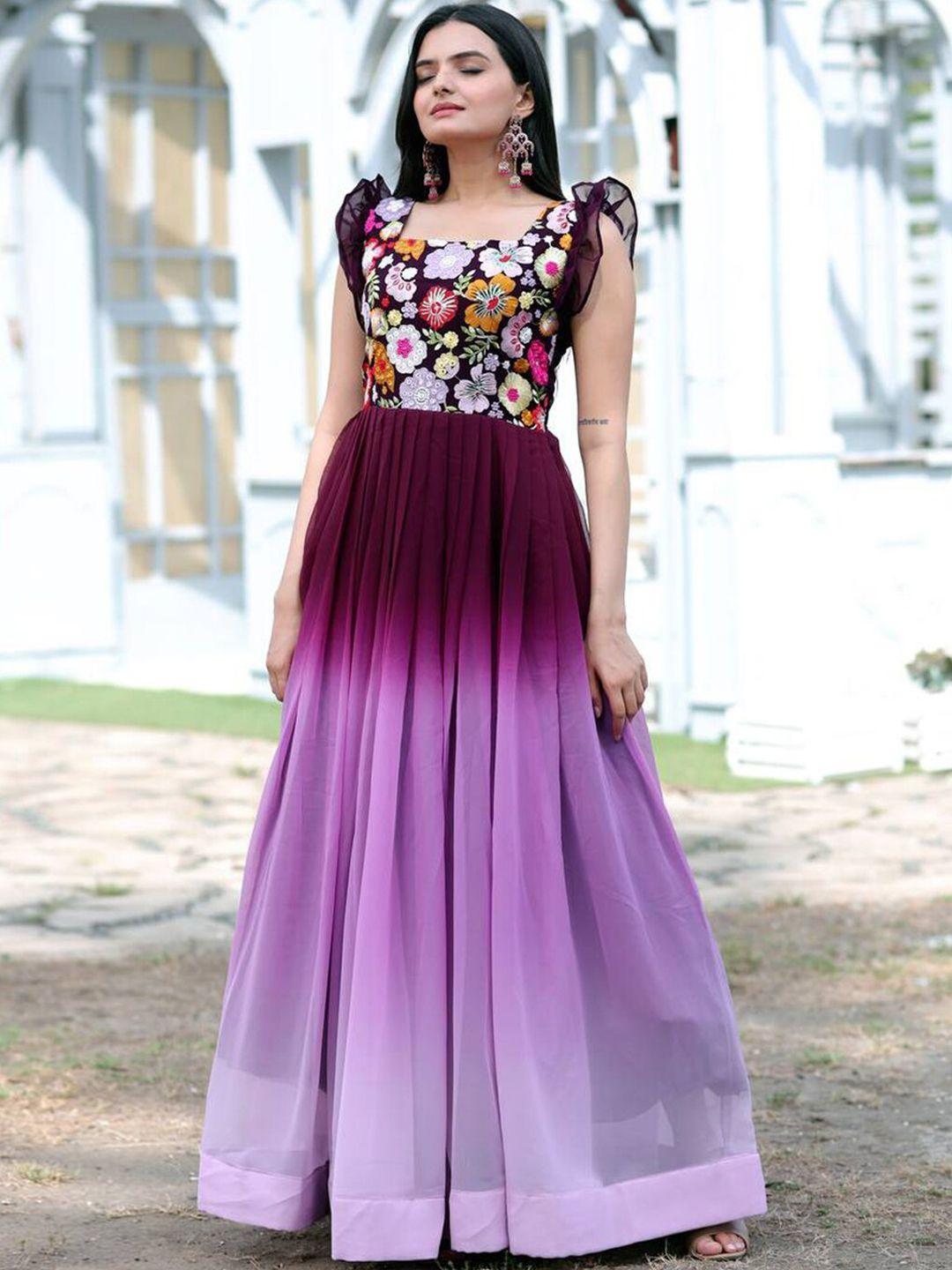 fusionic floral embroidered square neck georgette ruffles ethnic gown