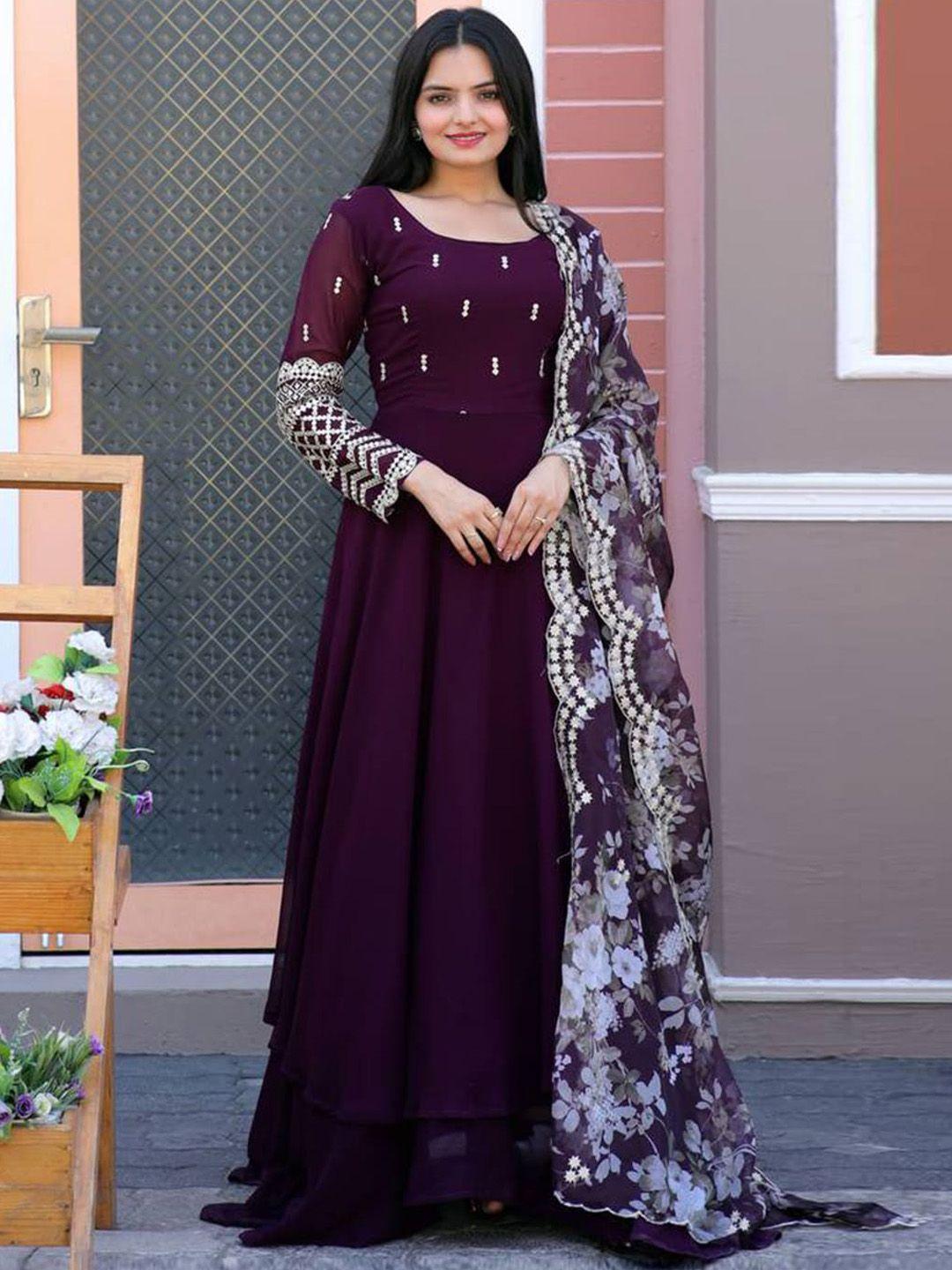 fusionic embellished georgette ethnic wear gown with printed dupatta