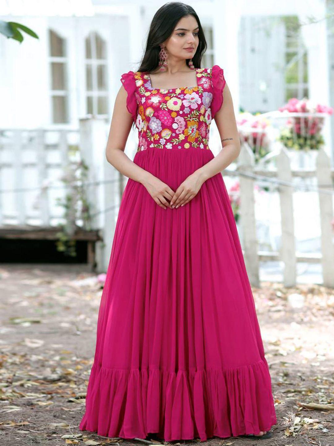 fusionic floral embroidered square neck georgette ruffles ethnic gown