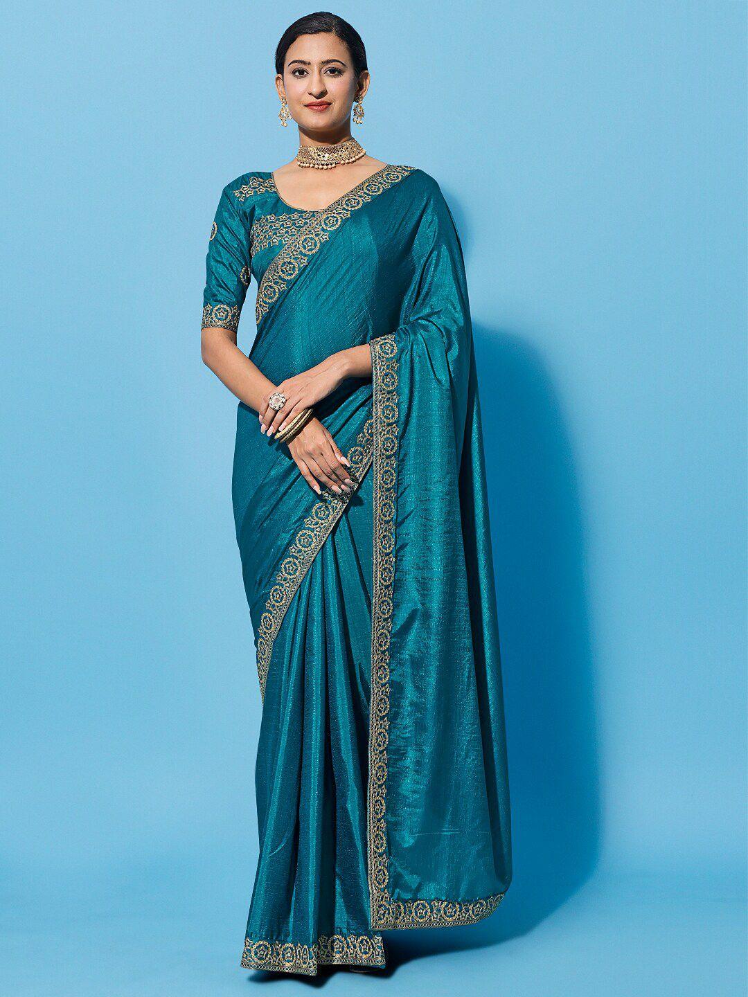 mitera teal & gold-toned embroidered silk cotton saree