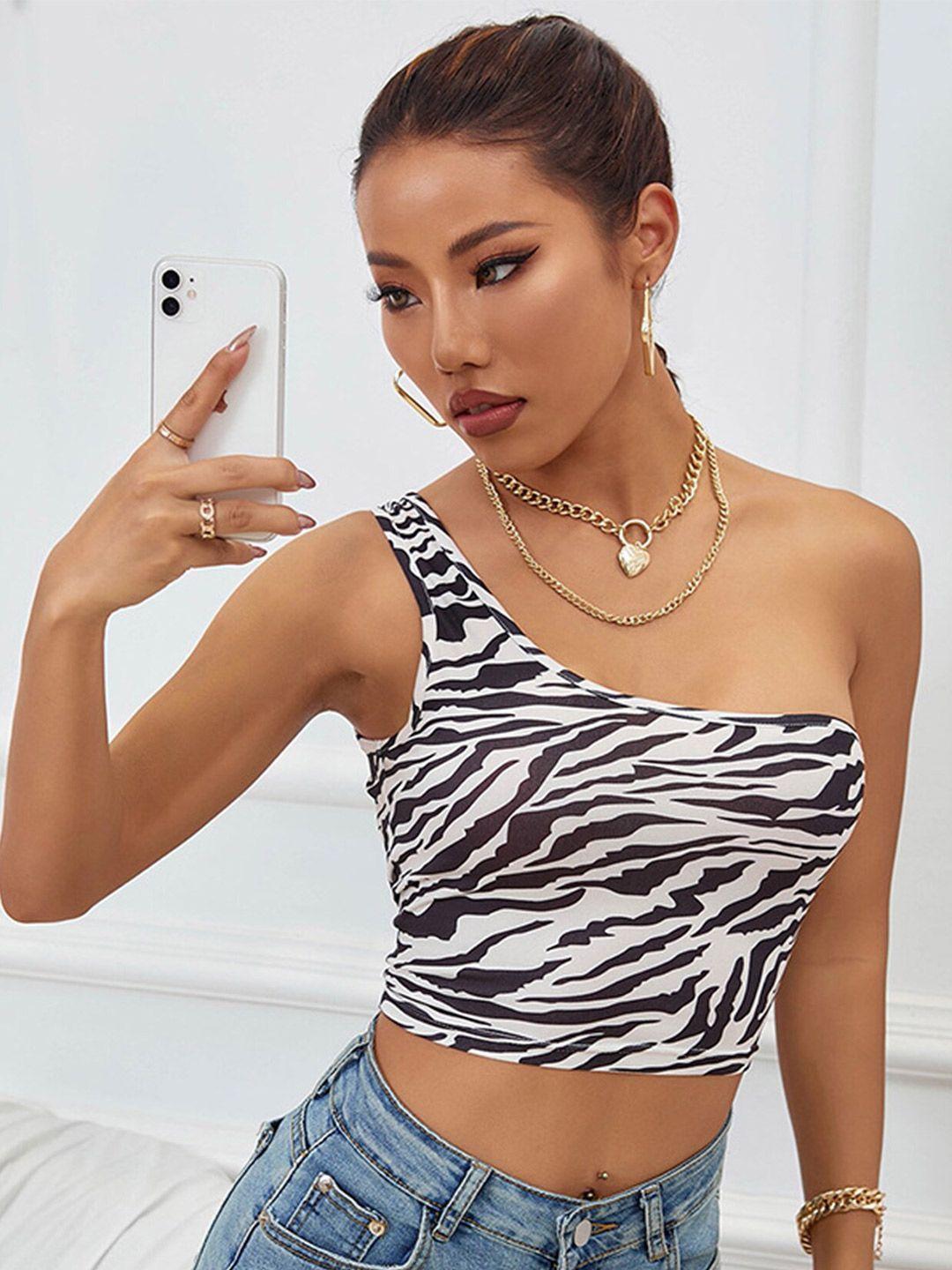 lulu & sky abstract printed one shoulder crop top