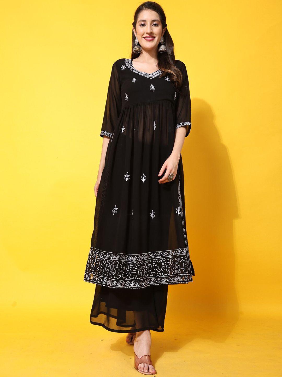 poshak hub floral embroidered thread work georgette a-line kurta with palazzos