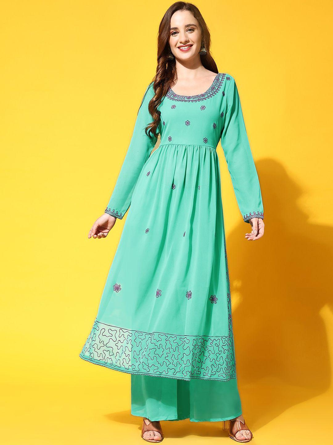 poshak hub floral embroidered thread work georgette a-line kurta with palazzos