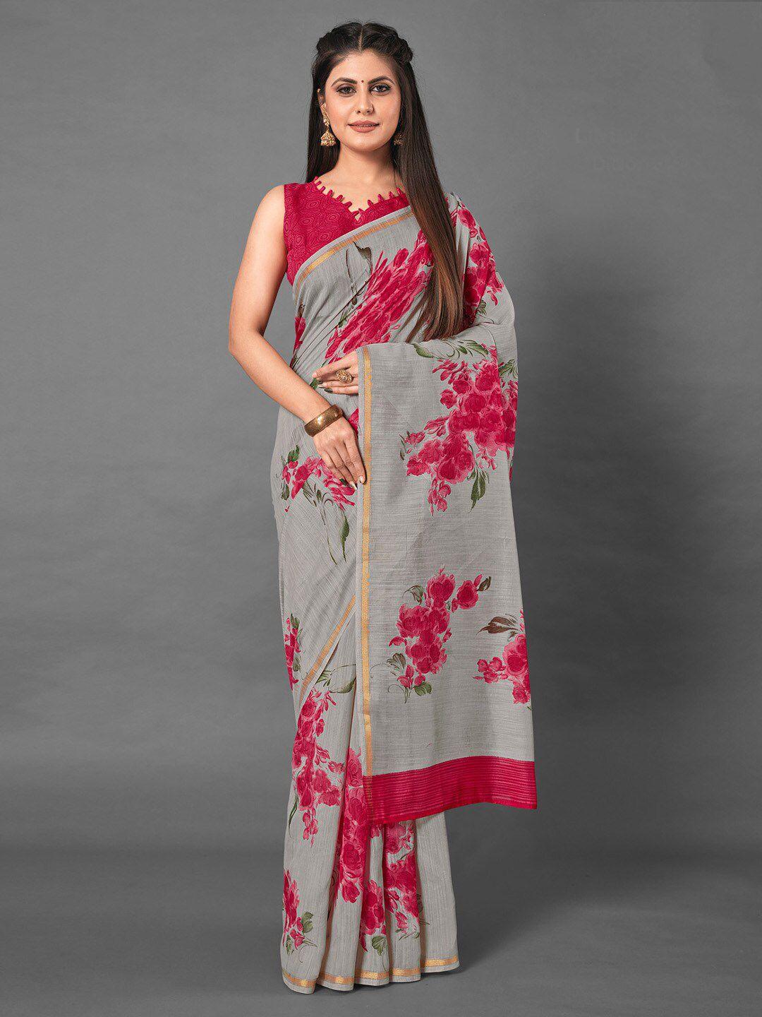 anouk grey floral printed zari bagh saree