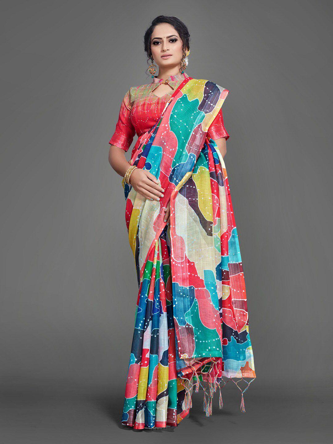 anouk red & green abstract printed saree