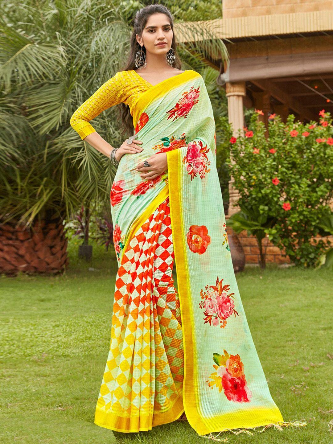 anouk sea green floral printed pure linen bagh saree