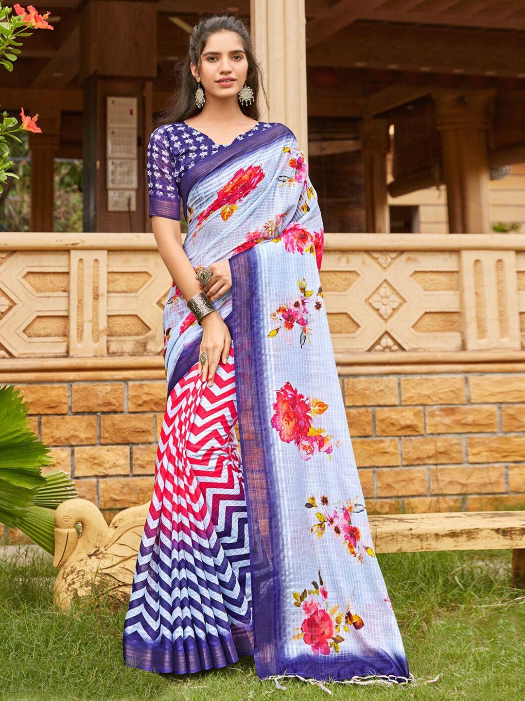 anouk blue floral printed pure linen bagh saree