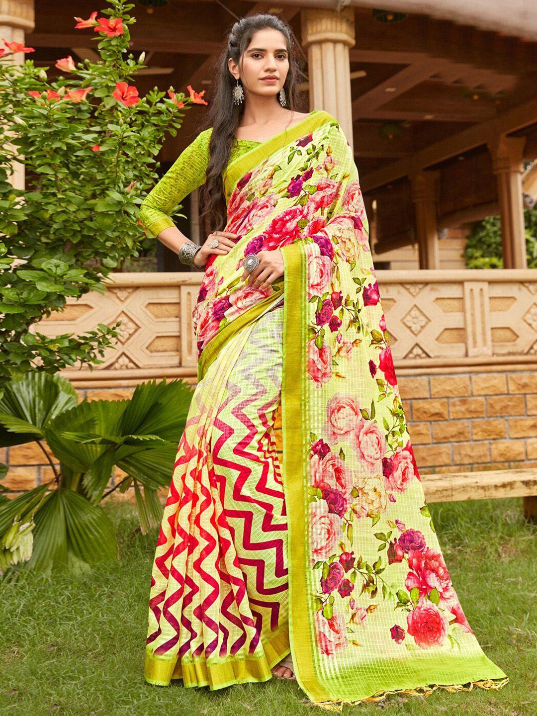 anouk green & pink floral printed pure linen bagh saree