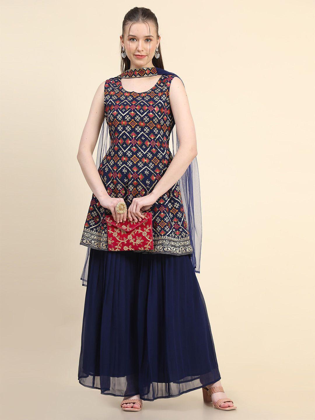 black scissor ethnic motifs embroidered thread work kurta with sharara & dupatta