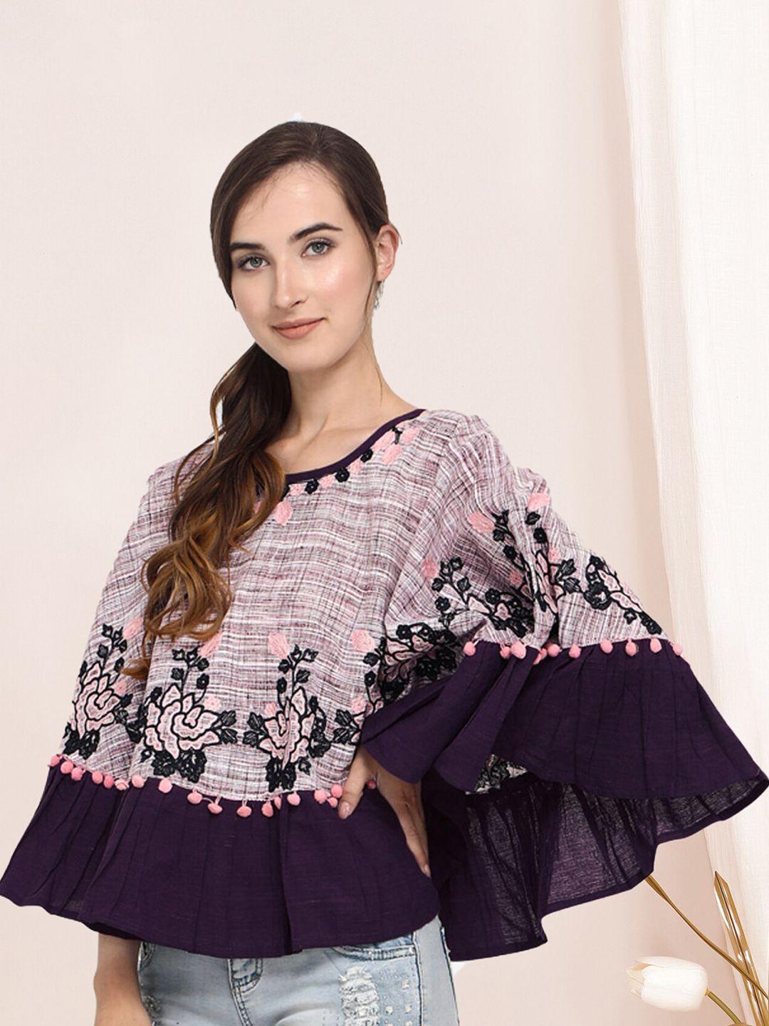 selvia floral embroidered cape sleeves cotton cape regular top