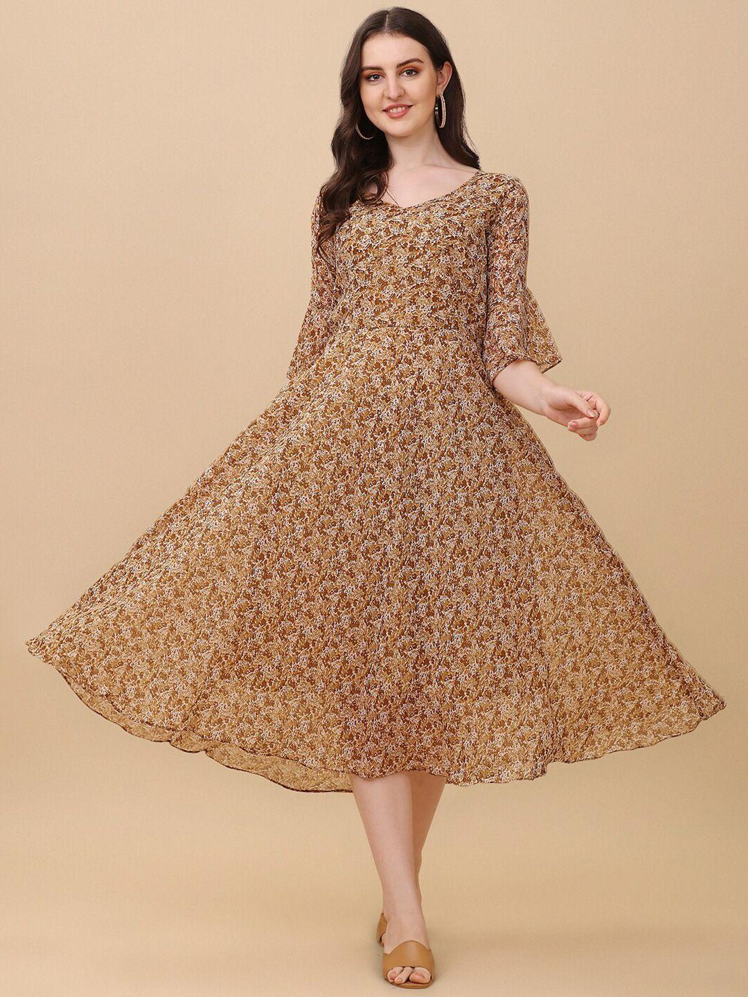 kalini floral printed bell sleeve georgette fit and flare midi dress