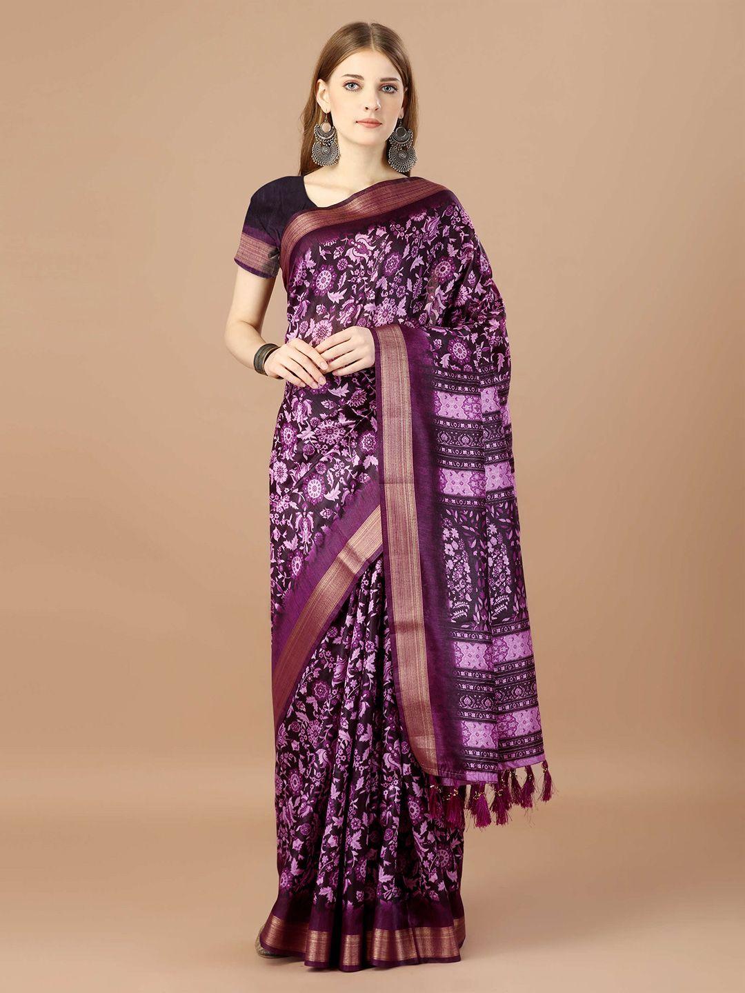 mitera magenta & black floral printed zari saree