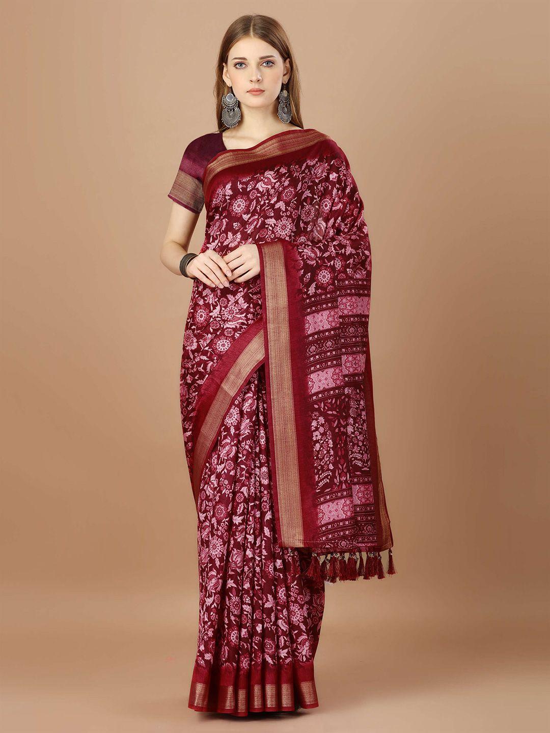 mitera maroon & pink floral zari silk blend saree