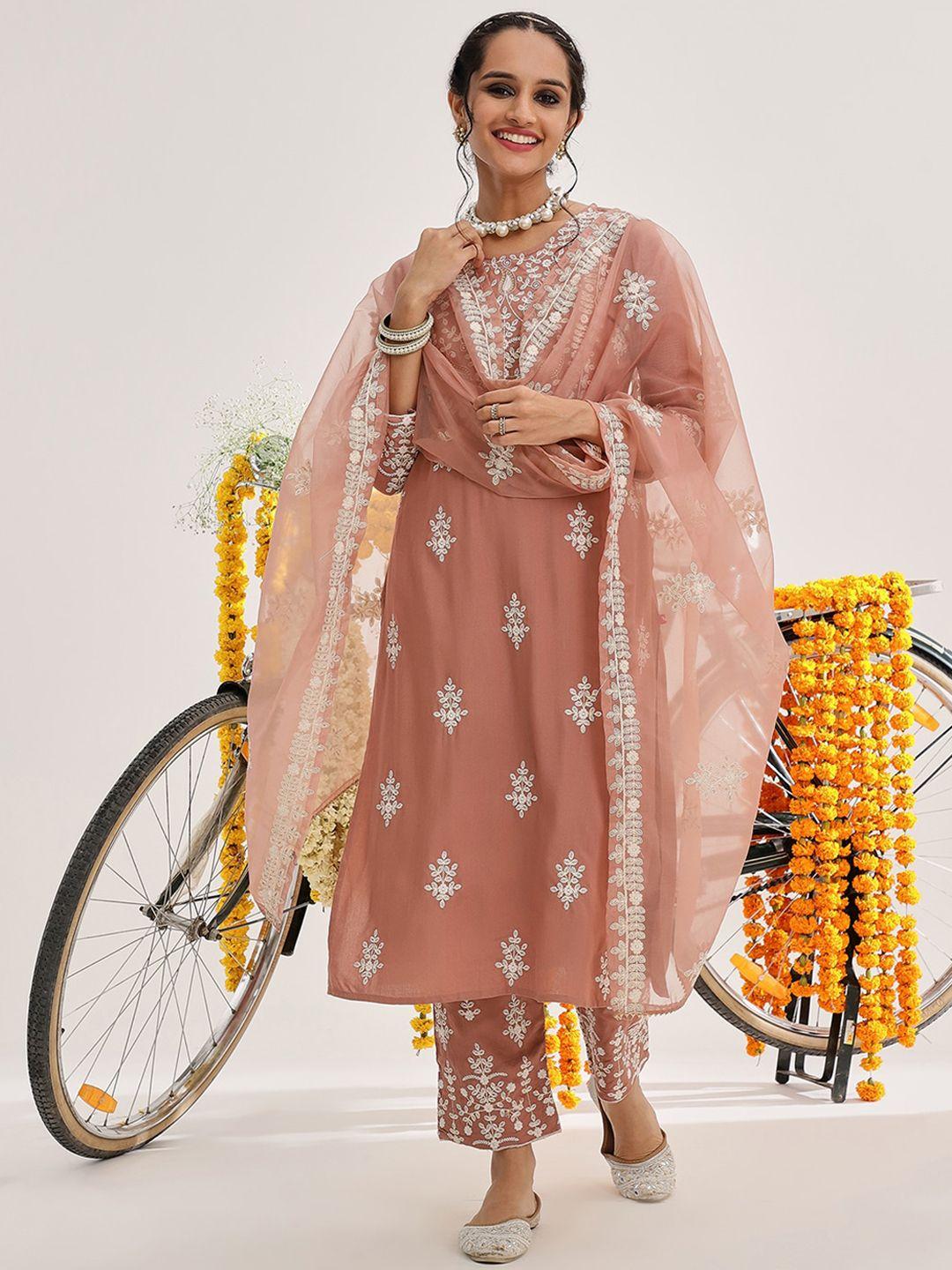 varanga ethnic motifs embroidered thread work pure cotton kurta & trousers with dupatta