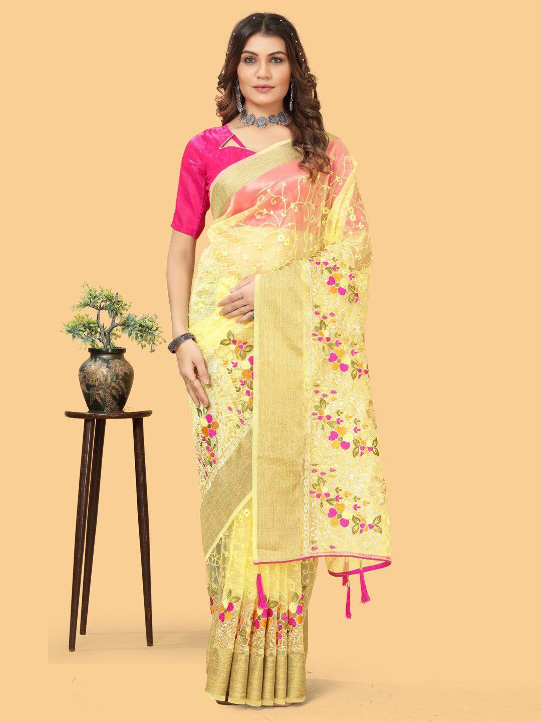 sangria yellow & pink floral embroidered zari organza bagh sarees