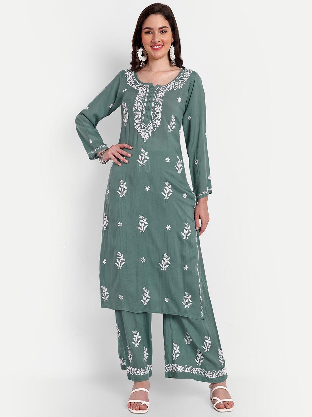 indiankala4u floral embroidered regular chikankari kurta with palazzos