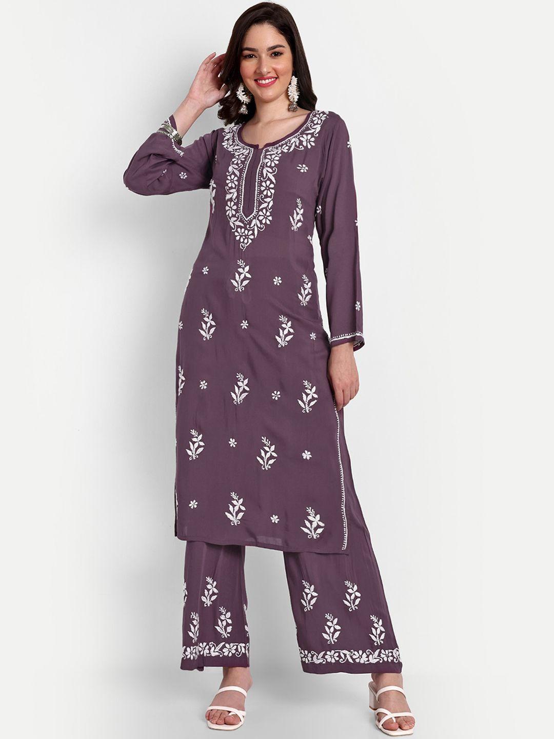 indiankala4u floral embroidered regular chikankari kurta with palazzos