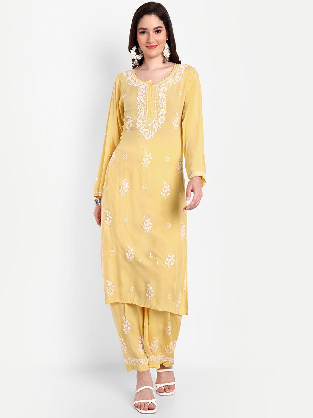 indiankala4u floral embroidered regular chikankari kurta with palazzos