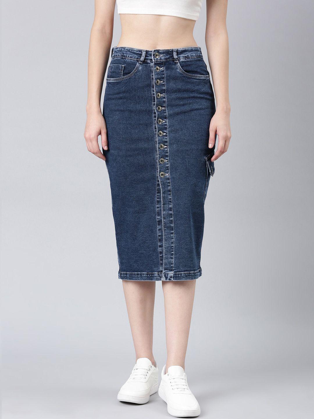 showoff button-down denim pencil midi skirt