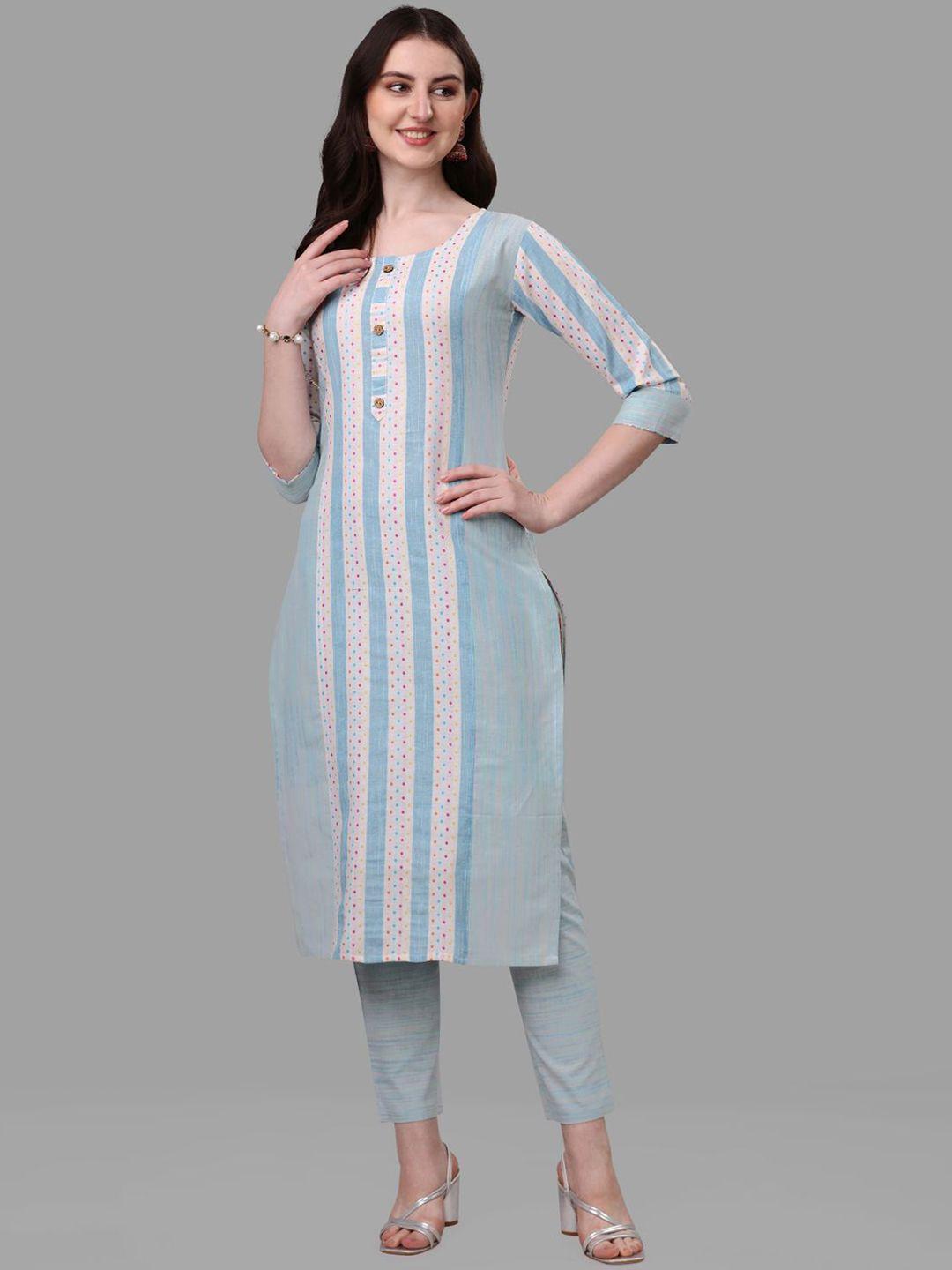 anouk white & blue woven design pure cotton kurta with trousers & dupatta