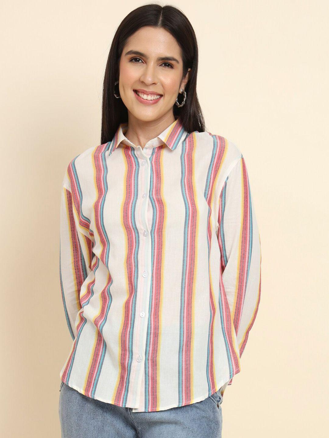 here&now white standard regular fit multi stripes striped cotton casual shirt