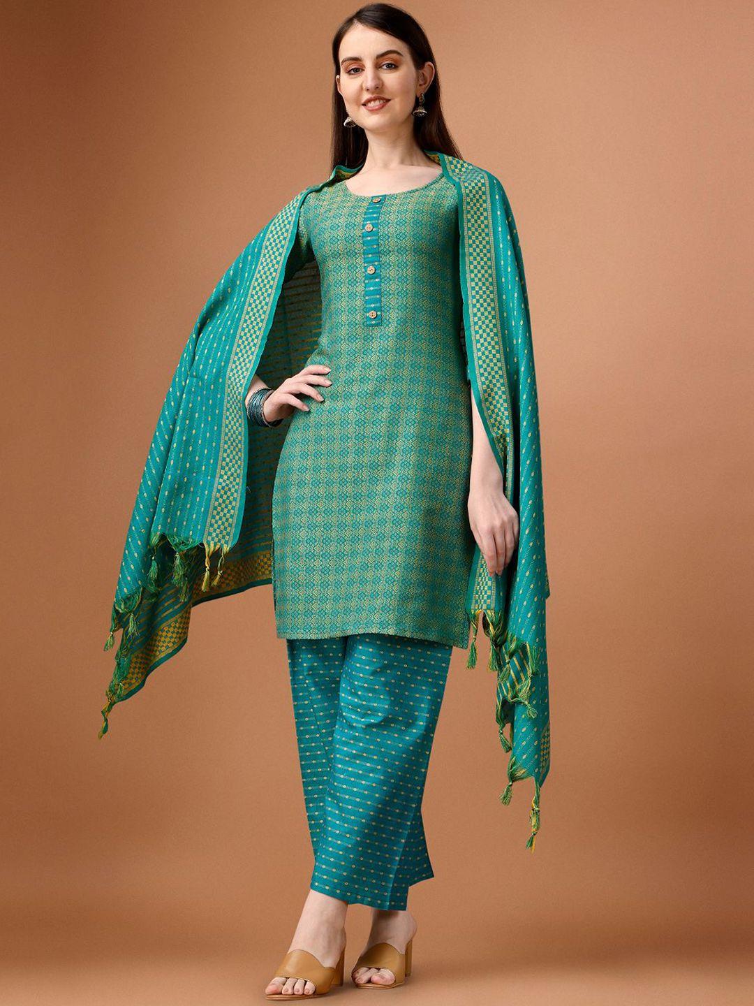 anouk green & yellow ethnic motifs woven design pure cotton kurta with palazzos & dupatta