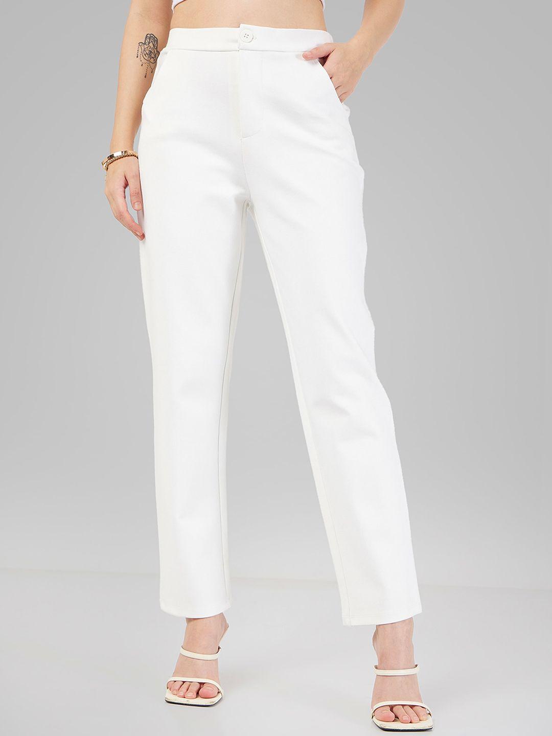 sassafras women white slim fit mid rise cigarette trousers