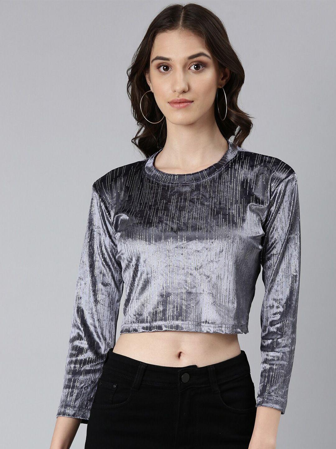 showoff round neck studded velvet crop top