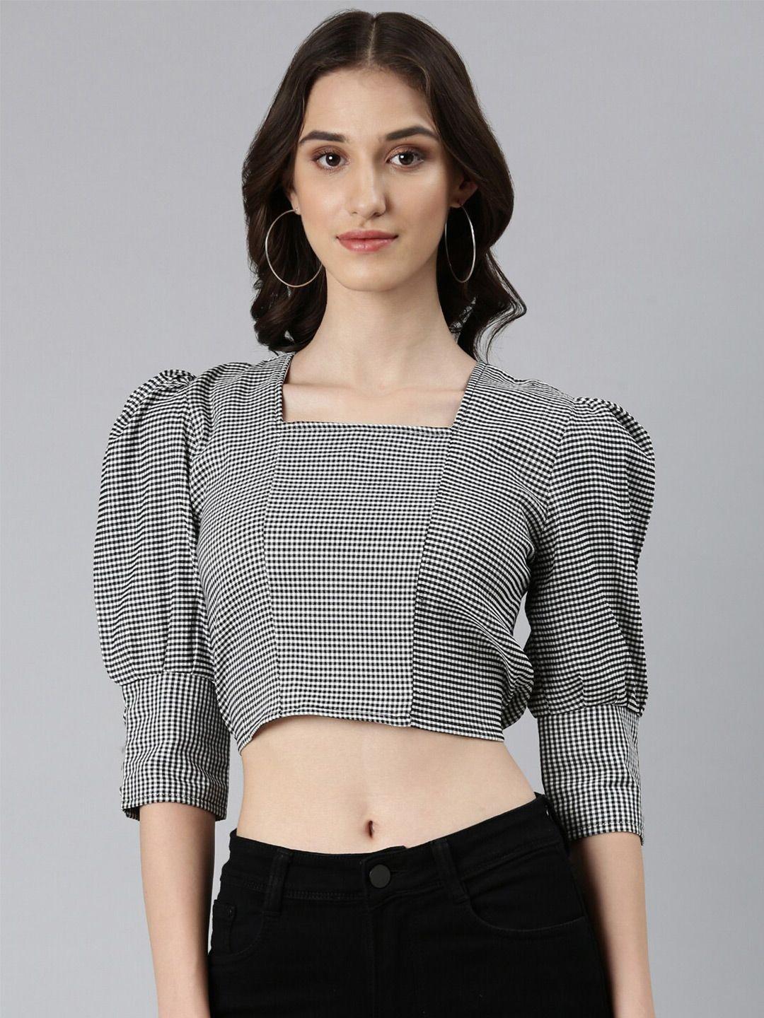 showoff checked puff sleeves cotton crop top