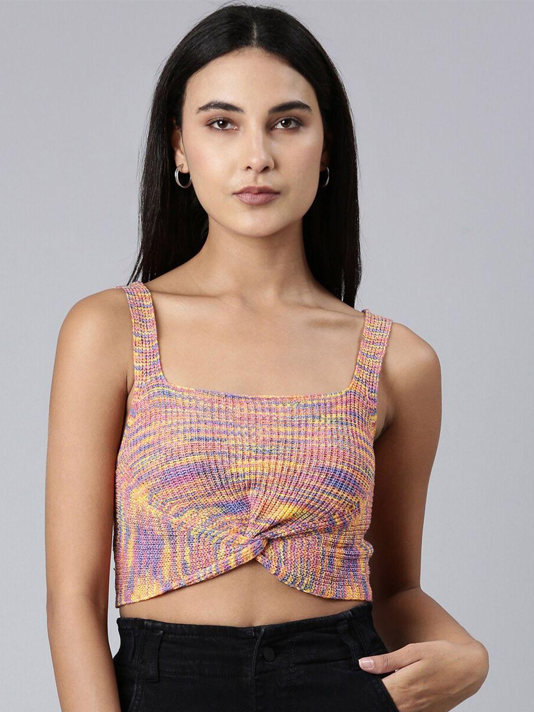 showoff self design shoulder straps twisted knits fitted crop top