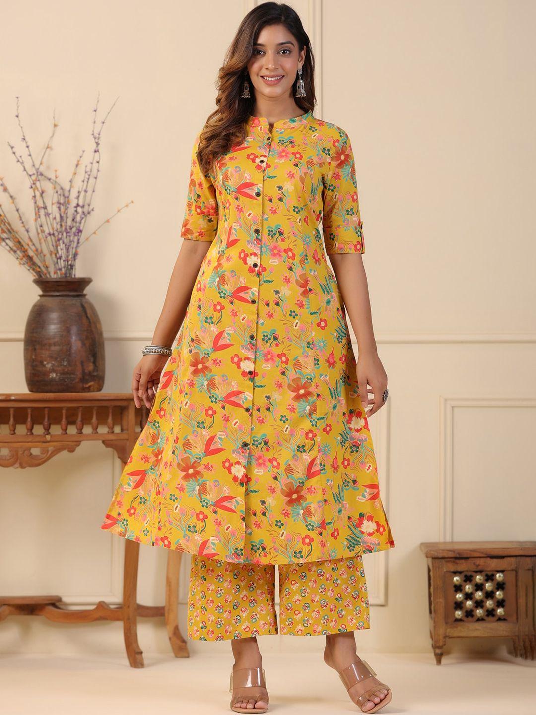 piroh floral printed mandarin collar pure cotton a-line kurta with palazzos