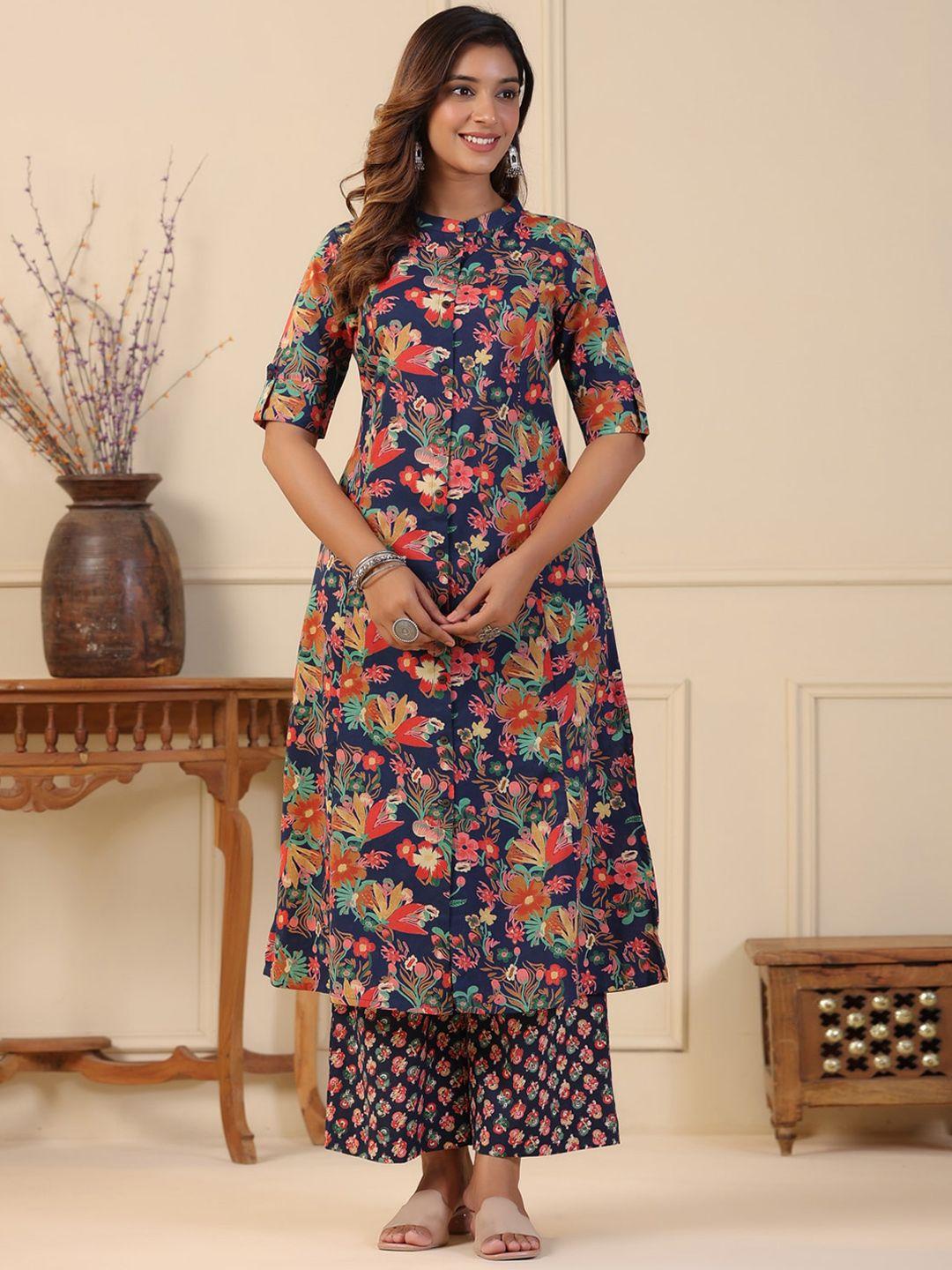 piroh floral printed mandarin collar pure cotton a-line kurta with palazzos