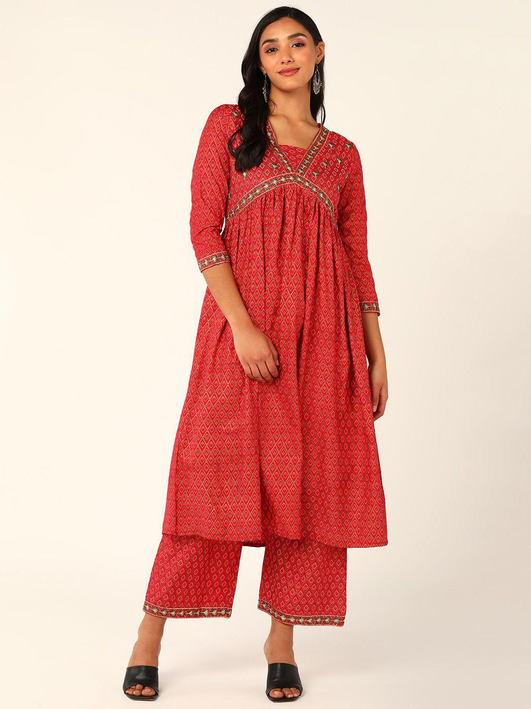 here&now ethnic motif printed empire thread work anarkali kurta with palazzos