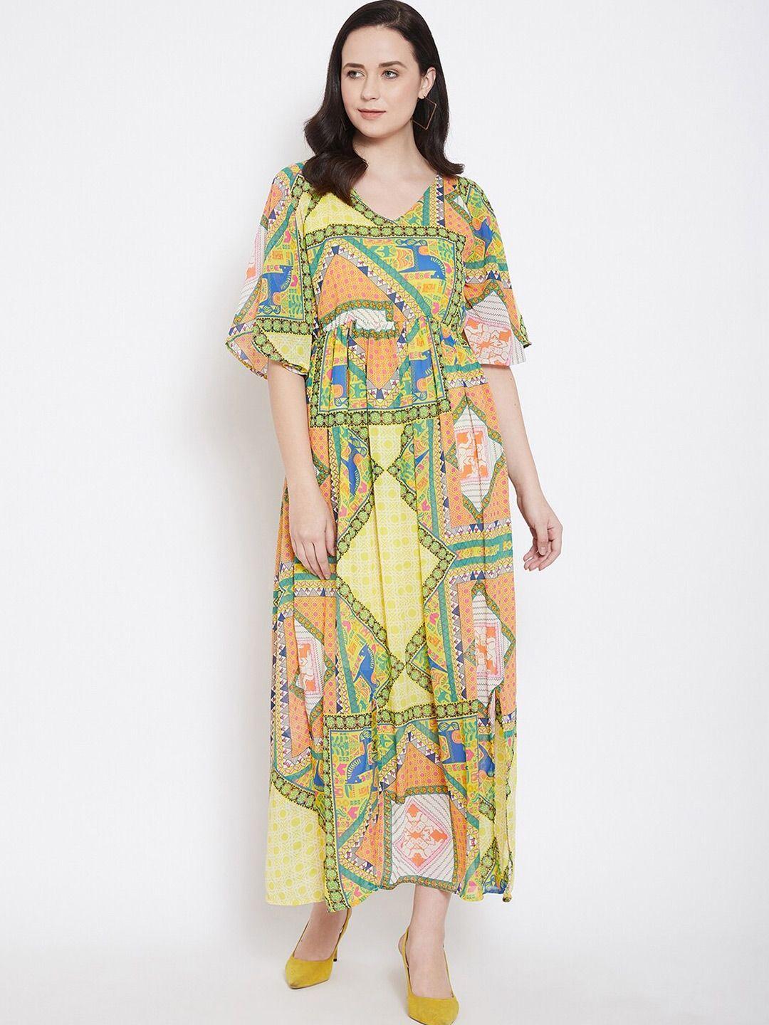 baesd abstract printed v-neck flared sleeves maxi dress