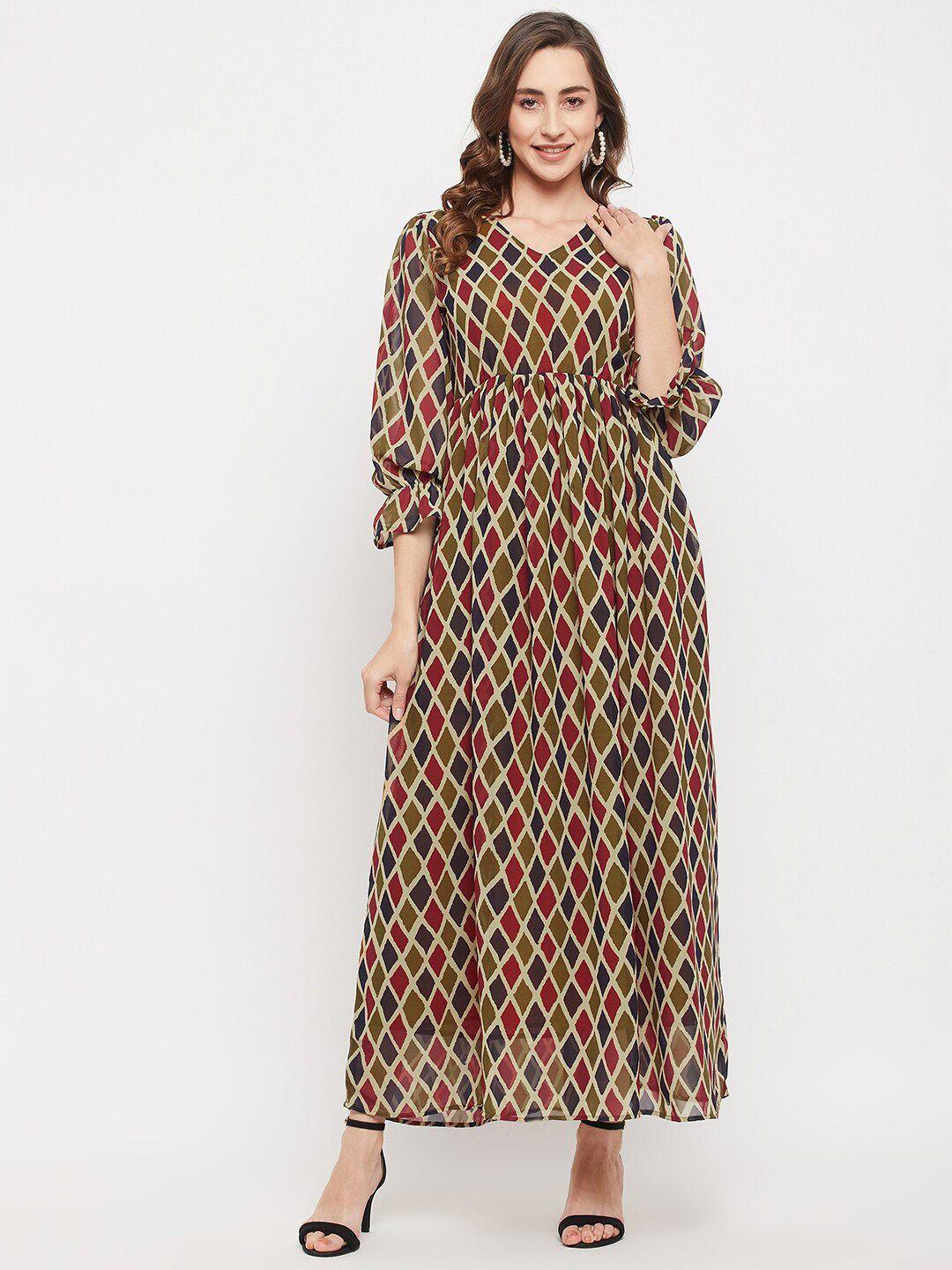 baesd geometric printed v-neck puff sleeves maxi dress