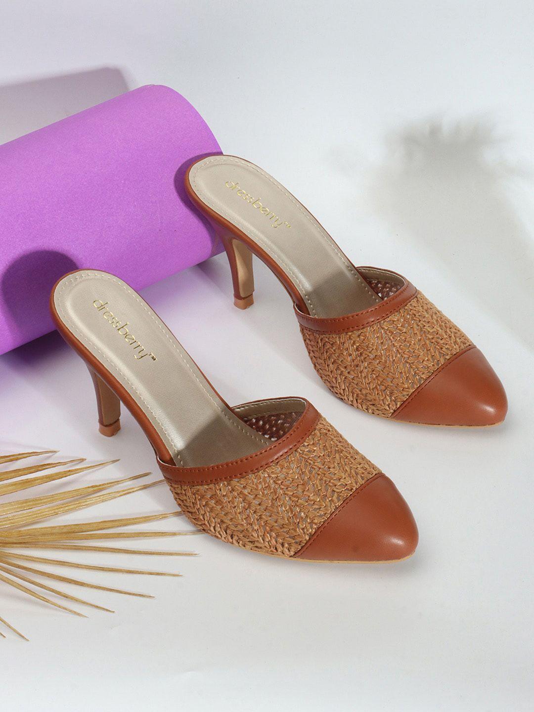 dressberry tan brown textured pointed toe mesh slim mules