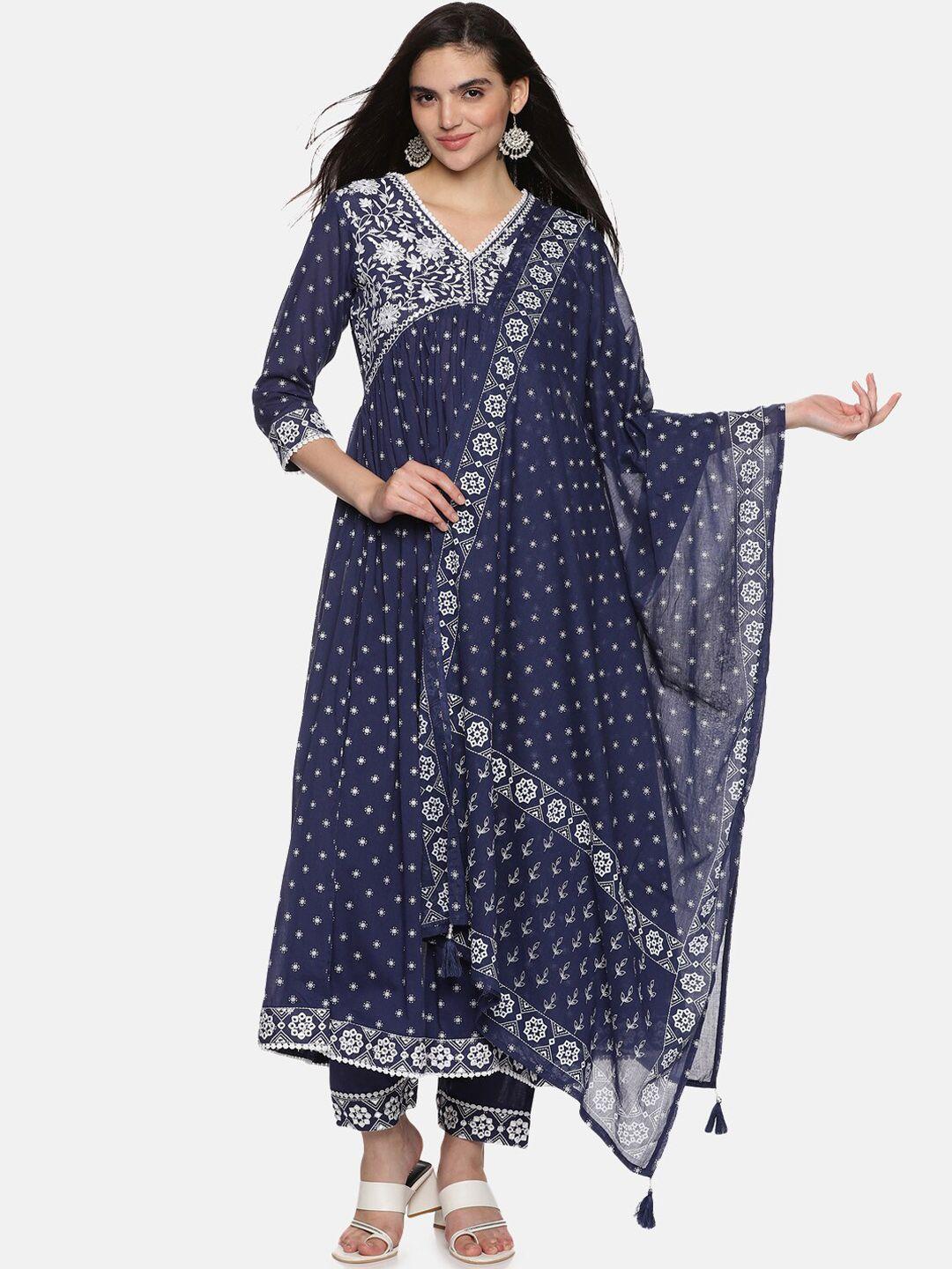 palakh floral embroidered pleated pure cotton kurta with trousers & dupatta