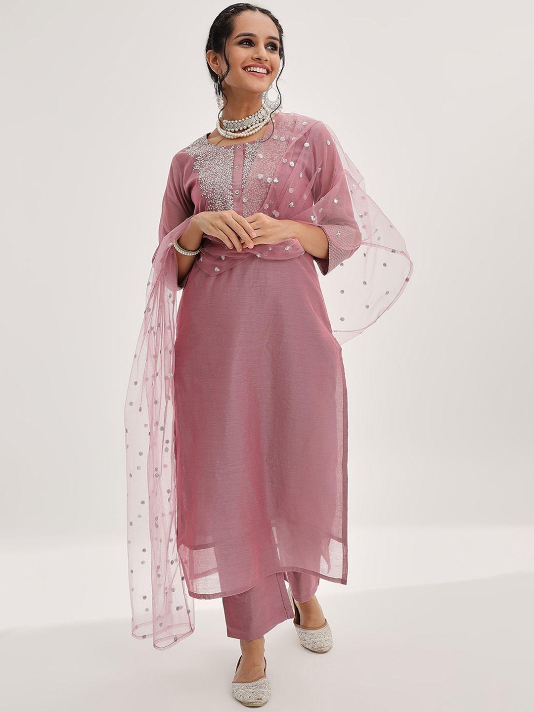 varanga floral embroidered regular kurta with trousers & with dupatta