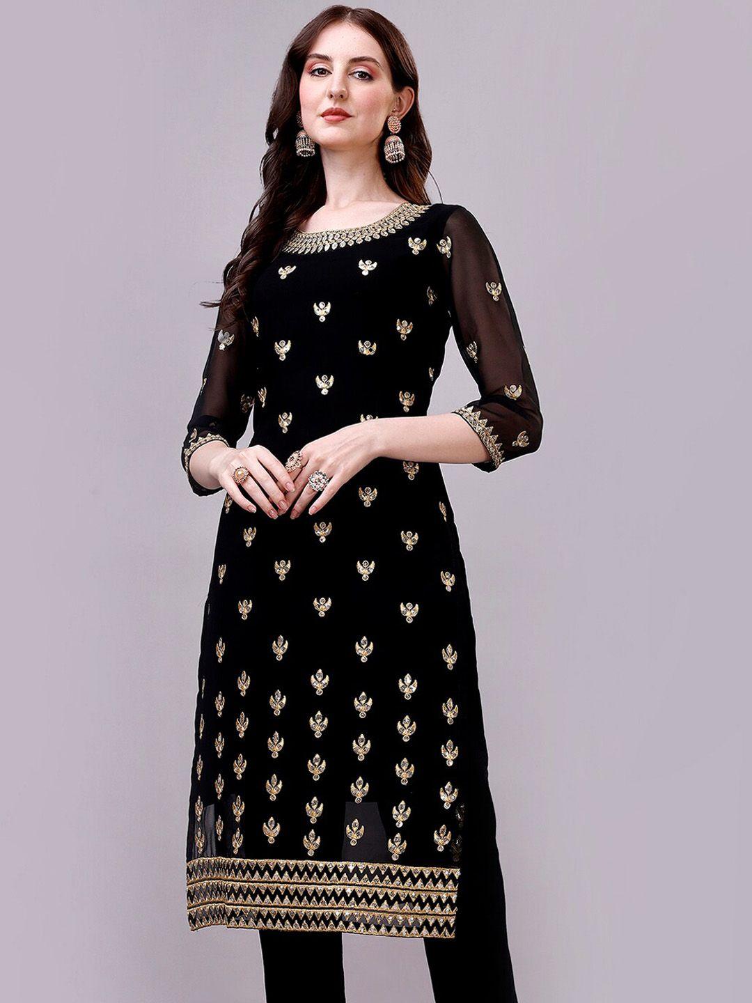 gorgone ethnic motif embroidered round neck georgette straight kurta