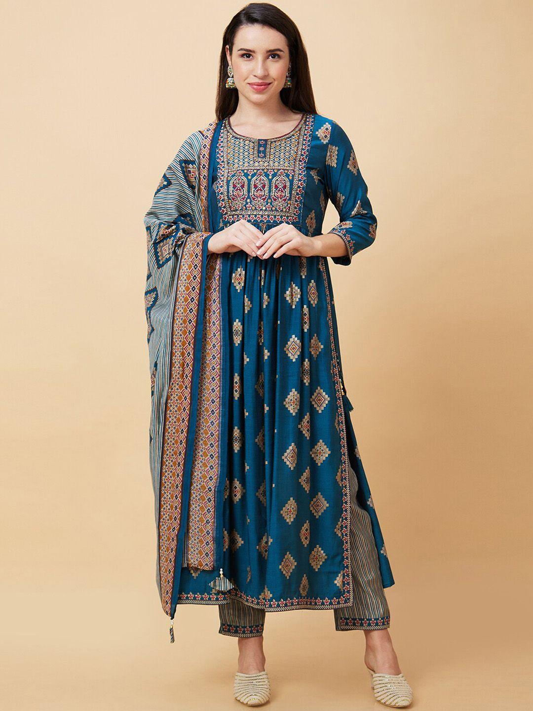 globus teal blue ethnic motifs printed thread work a-line kurta & trousers with dupatta