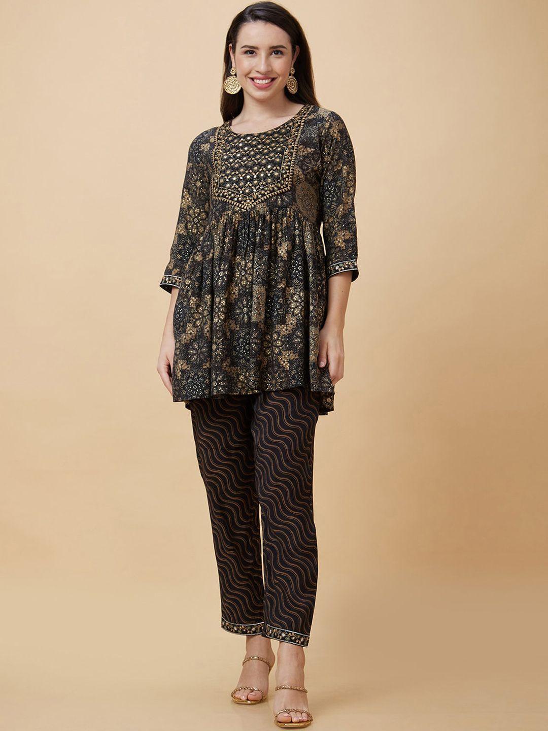 globus black ethnic motifs printed regular thread work a-line kurta with trousers