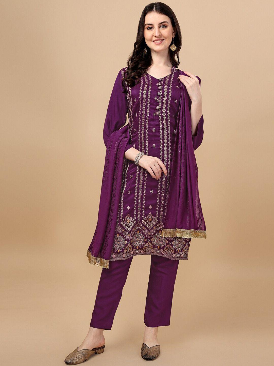 kalini embroidered v-neck pure silk kurta with trousers & dupatta