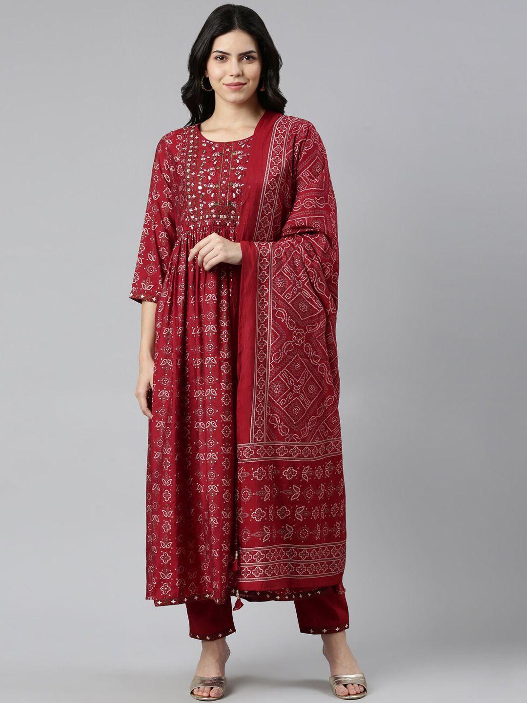 neerus bandhani printed mirror work kurta & trousers with dupatta