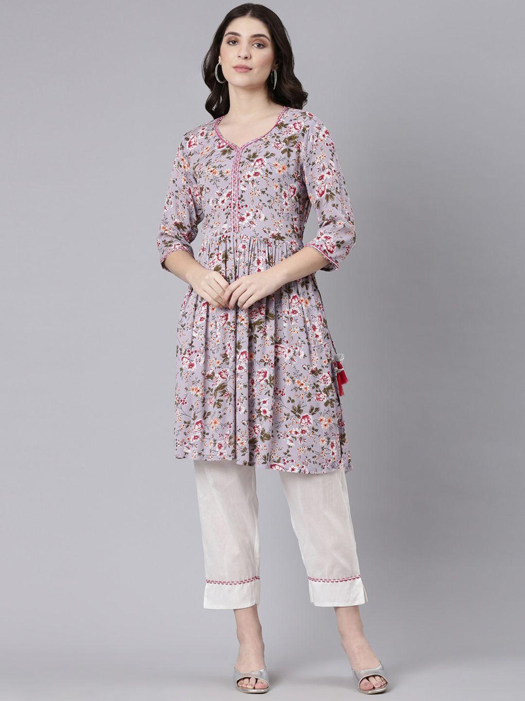 neerus floral printed silk chiffon kurta with trousers