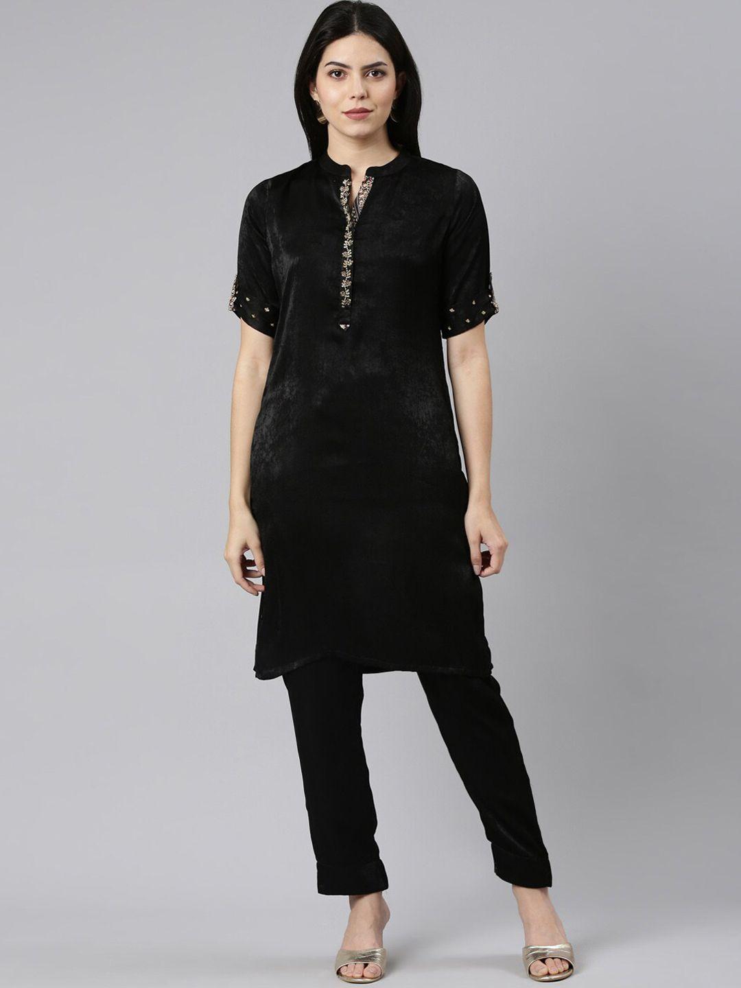 neerus women black regular sequinned kurta with trousers